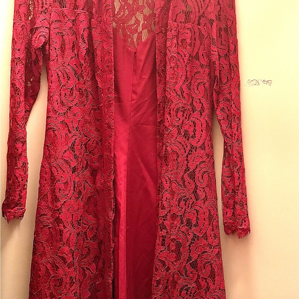 Nannette Red Lace Dress with Floral Pattern and Semi-Sheer Design